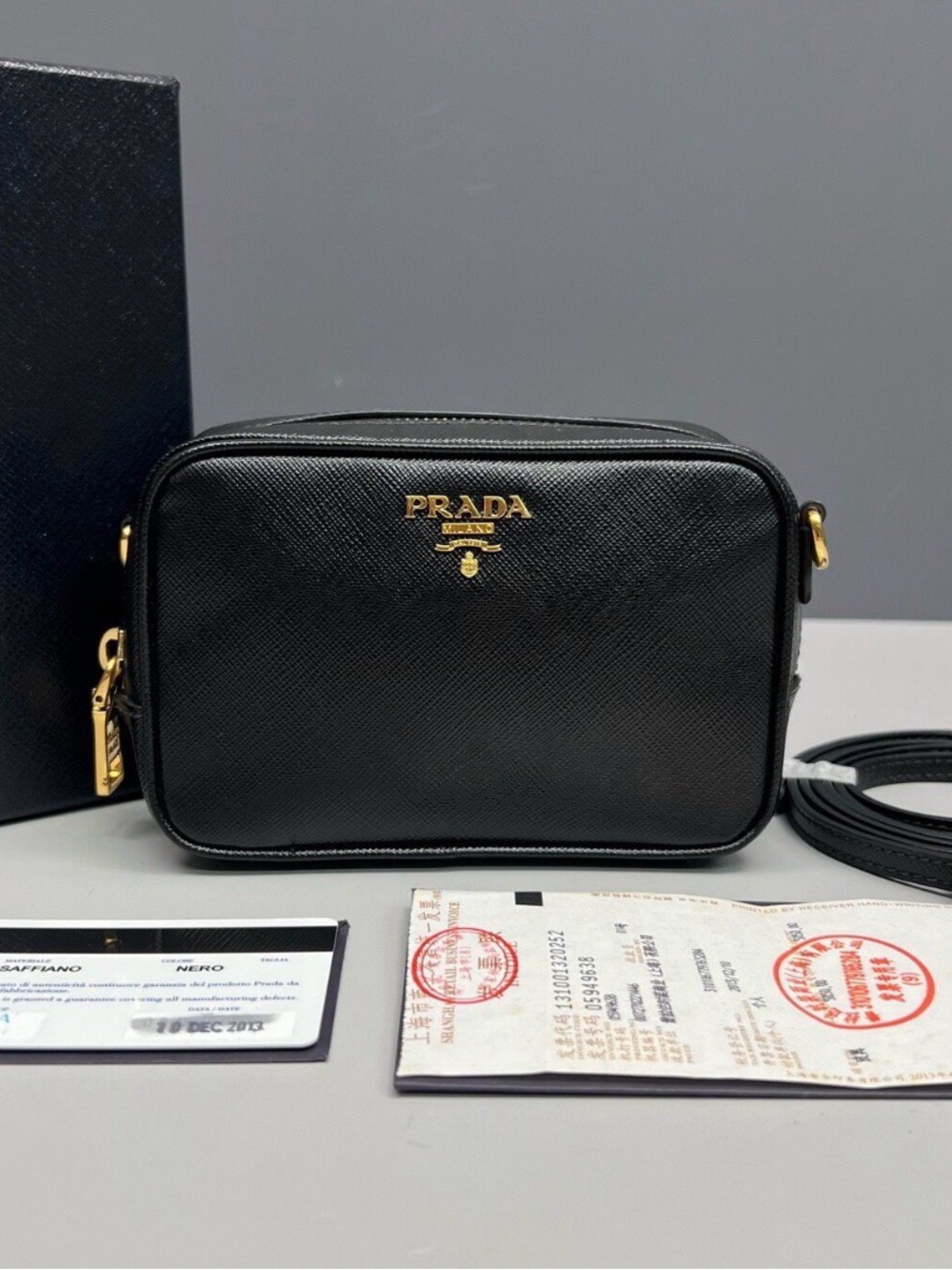Prada Black Saffiano Leather Messenger Camera Bag with Gold Hardware